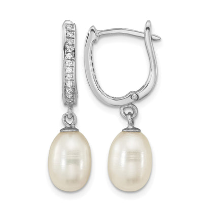 Sterling Silver Rhodium-plated 7-8mm White Rice Freshwater Cultured Pearl and CZ Hoop Dangle Earring