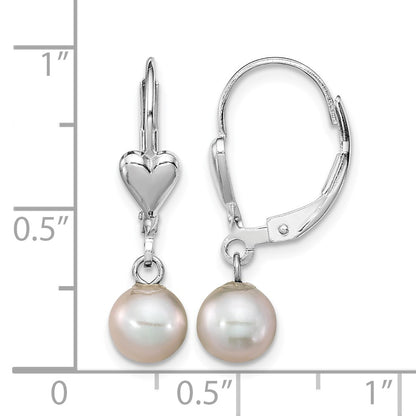 Sterling Silver Rhodium-plated 6-7mm Grey Round Freshwater Cultured Pearl Heart Leverback Dangle Earrings