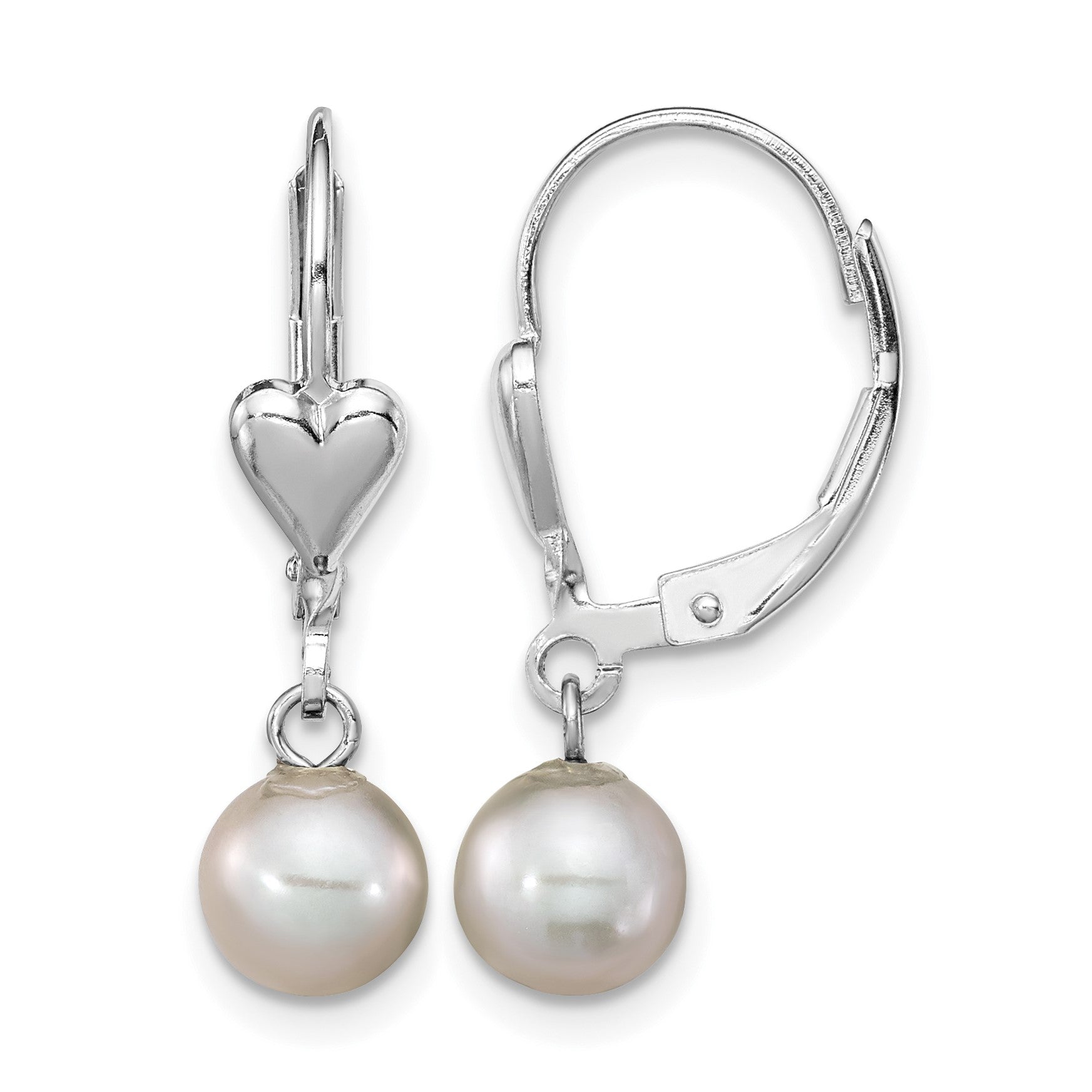 Sterling Silver Rhodium-plated 6-7mm Grey Round Freshwater Cultured Pearl Heart Leverback Dangle Earrings