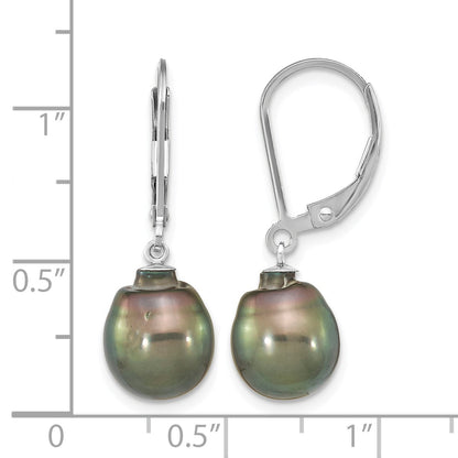 Sterling Silver Rhodium-plated 9-10mm Black Teardrop Tahitian Saltwater Cultured Pearl Dangle Leverback Earrings