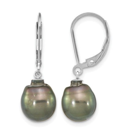 Sterling Silver Rhodium-plated 9-10mm Black Teardrop Tahitian Saltwater Cultured Pearl Dangle Leverback Earrings