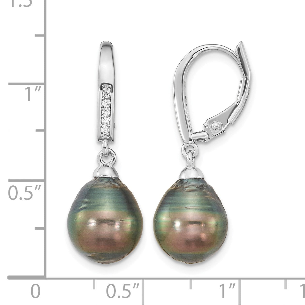 Sterling Silver Rhodium-plated 9-10mm Black Teardrop Tahitian Saltwater Cultured Pearl and CZ Dangle Leverback Earrings