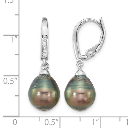 Sterling Silver Rhodium-plated 9-10mm Black Teardrop Tahitian Saltwater Cultured Pearl and CZ Dangle Leverback Earrings