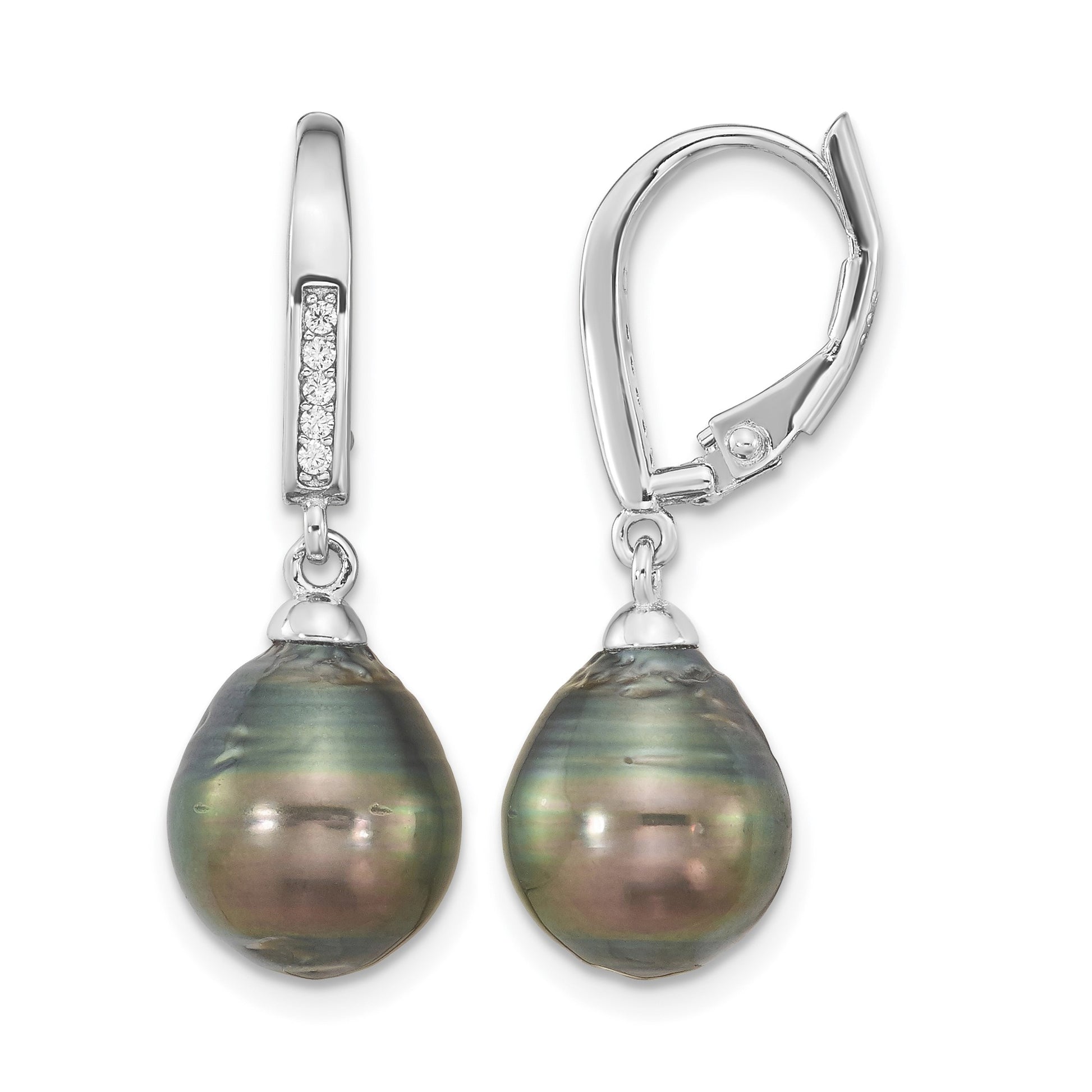 Sterling Silver Rhodium-plated 9-10mm Black Teardrop Tahitian Saltwater Cultured Pearl and CZ Dangle Leverback Earrings