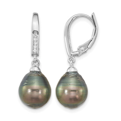 Sterling Silver Rhodium-plated 9-10mm Black Teardrop Tahitian Saltwater Cultured Pearl and CZ Dangle Leverback Earrings