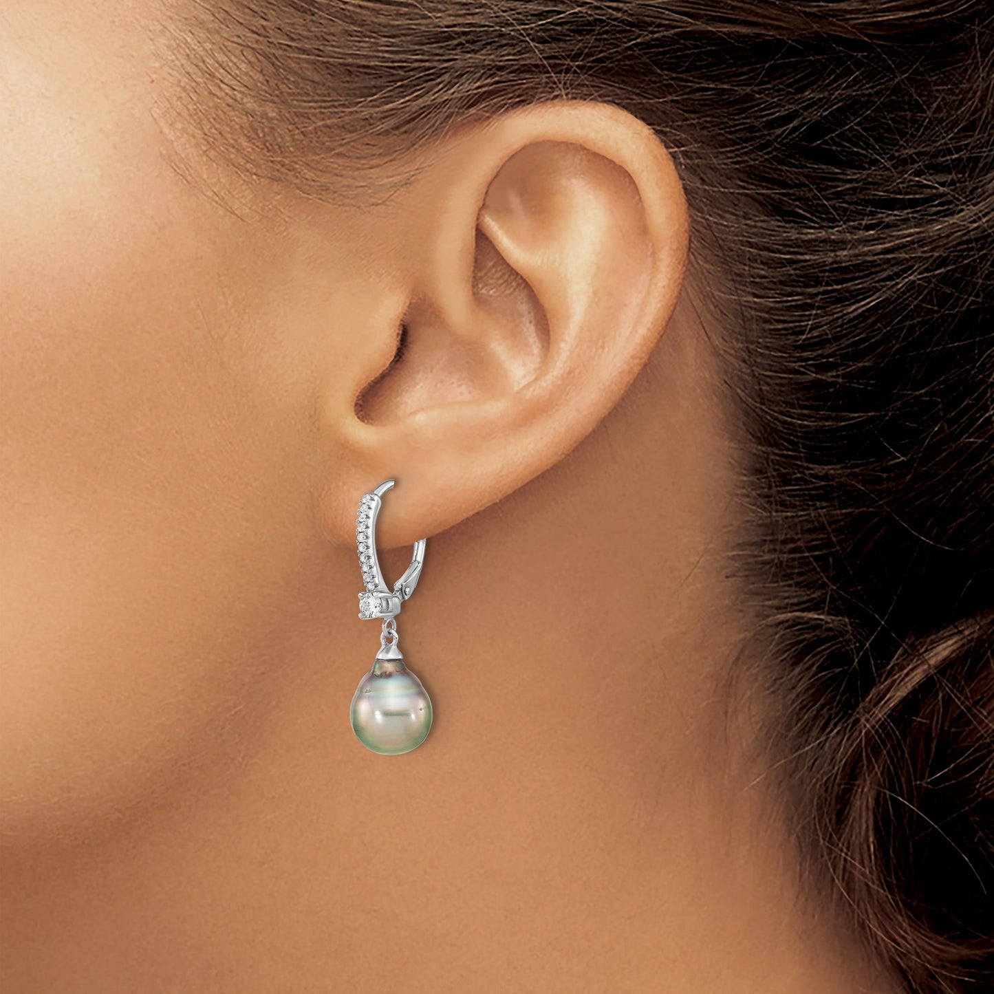 Sterling Silver Rhodium-plated 9-10mm Black Teardrop Tahitian Saltwater Cultured Pearl and CZ Dangle Leverback Earrings