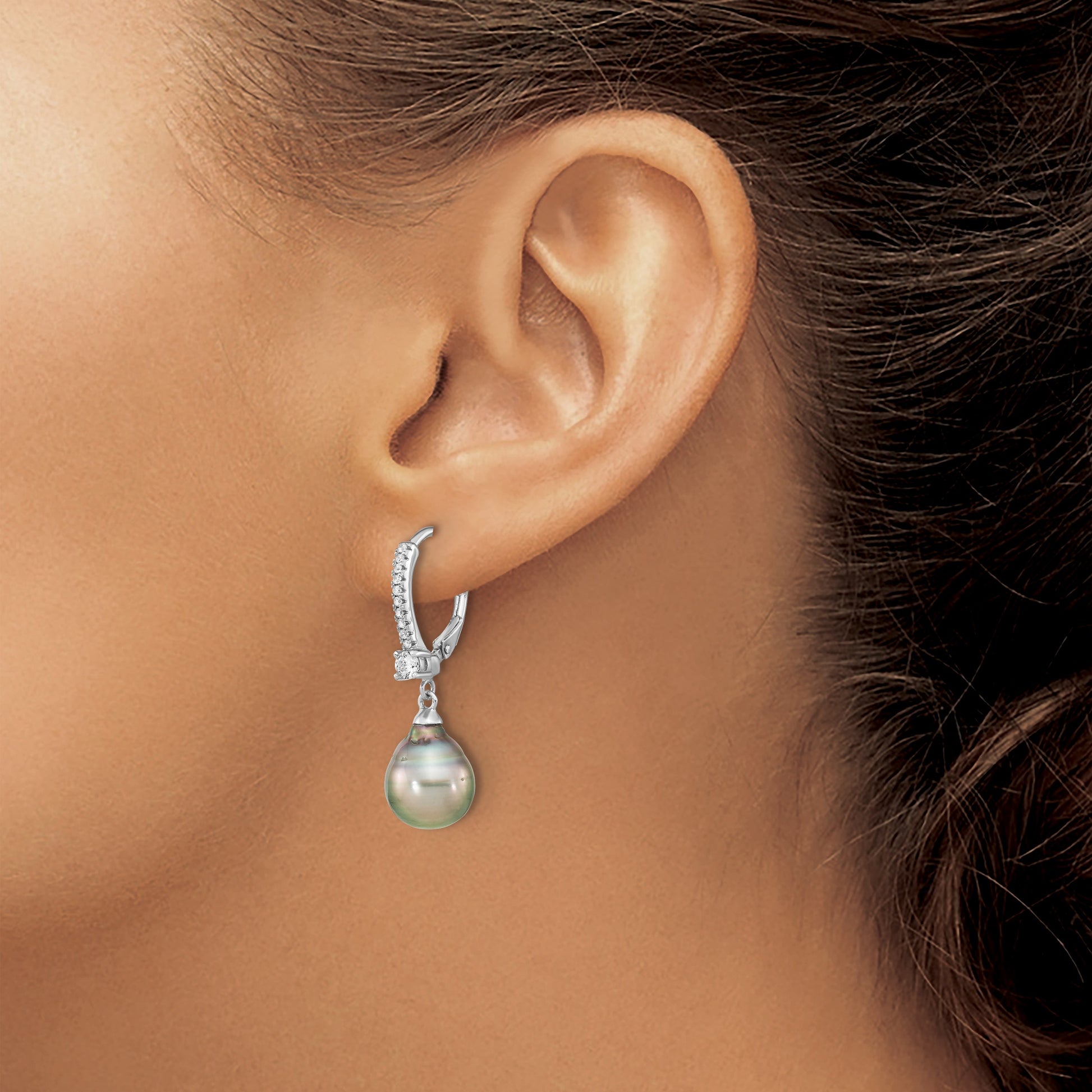 Sterling Silver Rhodium-plated 9-10mm Black Teardrop Tahitian Saltwater Cultured Pearl and CZ Dangle Leverback Earrings