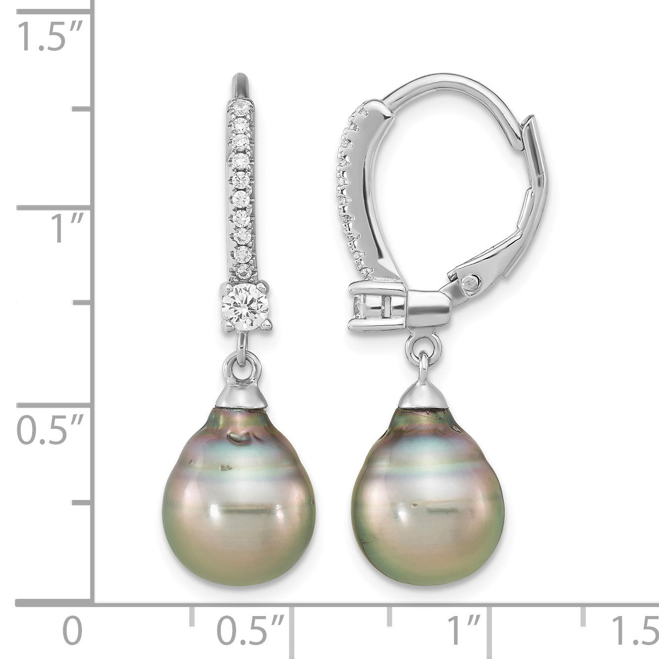 Sterling Silver Rhodium-plated 9-10mm Black Teardrop Tahitian Saltwater Cultured Pearl and CZ Dangle Leverback Earrings