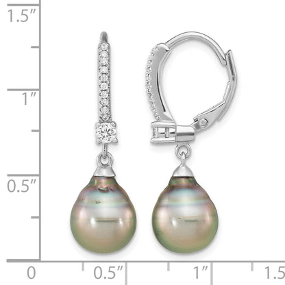 Sterling Silver Rhodium-plated 9-10mm Black Teardrop Tahitian Saltwater Cultured Pearl and CZ Dangle Leverback Earrings