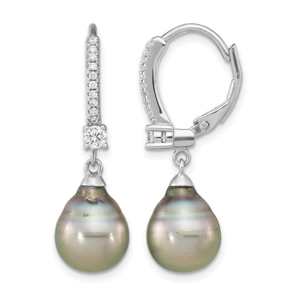 Sterling Silver Rhodium-plated 9-10mm Black Teardrop Tahitian Saltwater Cultured Pearl and CZ Dangle Leverback Earrings