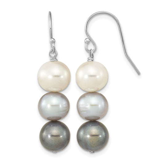 Sterling Silver Rhodium-plated 8-9mm Black, White and Grey Near-Round Freshwater Cultured Pearl Dangle Earrings
