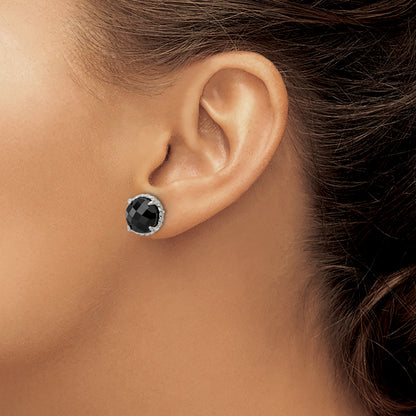 Sterling Silver Polished & Twisted Edge Round Onyx Post Earrings