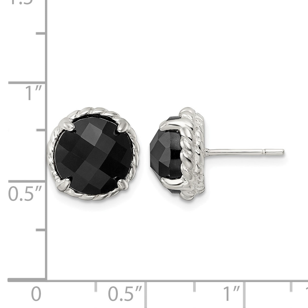 Sterling Silver Polished & Twisted Edge Round Onyx Post Earrings