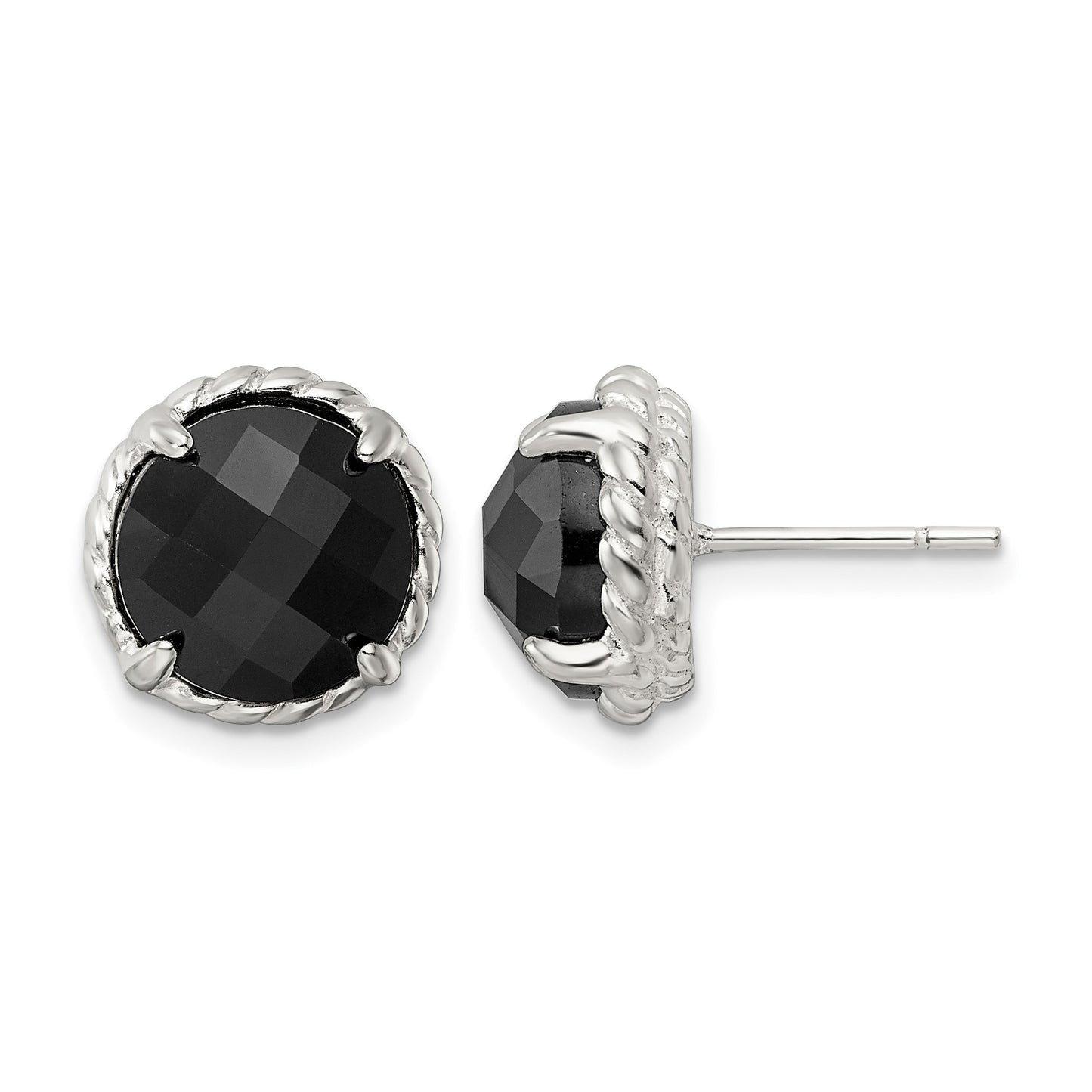 Sterling Silver Polished & Twisted Edge Round Onyx Post Earrings