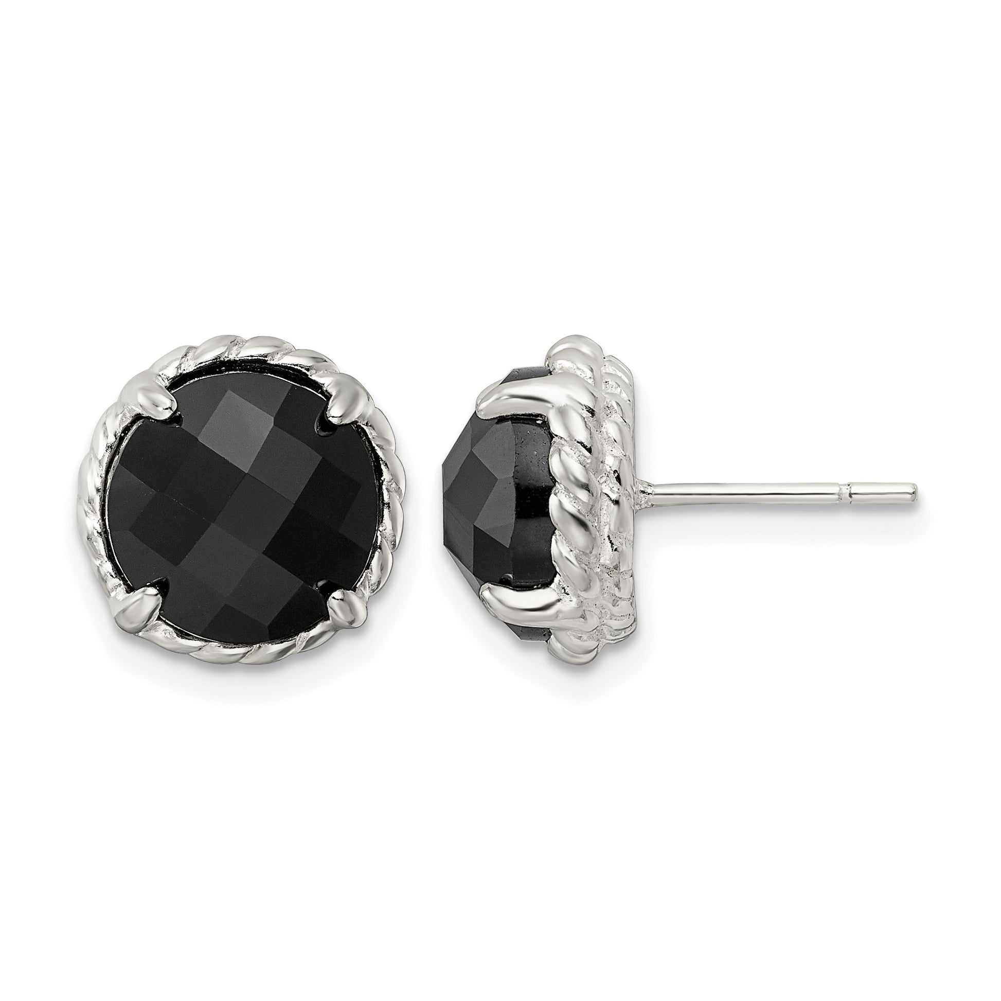Sterling Silver Polished & Twisted Edge Round Onyx Post Earrings