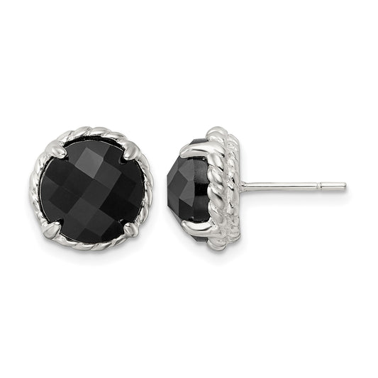 Sterling Silver Polished & Twisted Edge Round Onyx Post Earrings