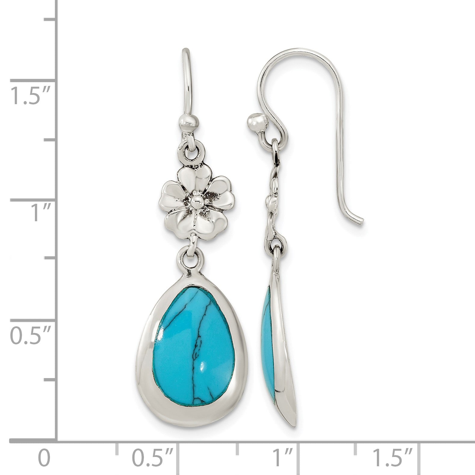 Sterling Silver Polished Recon. Turquoise Floral Teardrop Dangle Earrings