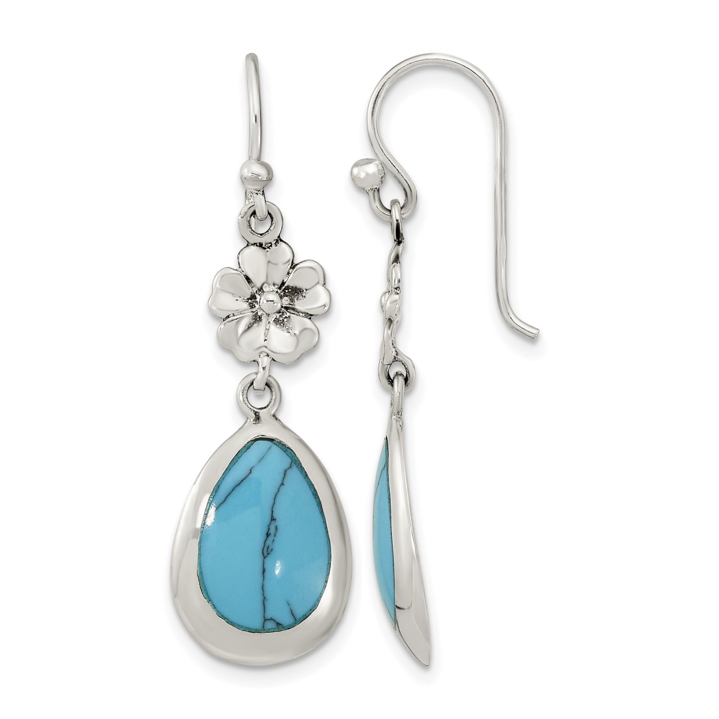 Sterling Silver Polished Recon. Turquoise Floral Teardrop Dangle Earrings