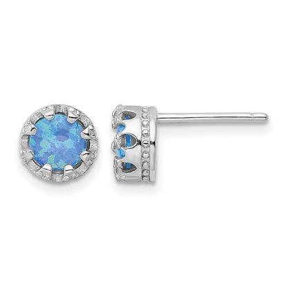 Sterling Silver Rhodium-plated Polished Blue Created Opal Post Earrings