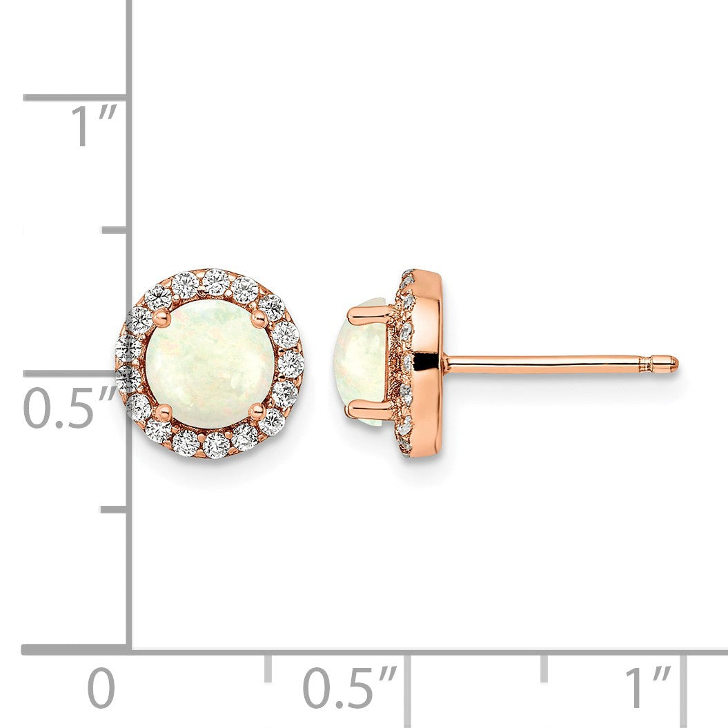 Sterling Silver Rose-tone Polished Created Opal & CZ Halo Post Earrings