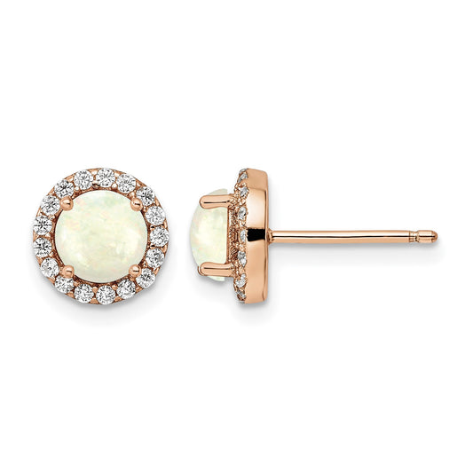 Sterling Silver Rose-tone Polished Created Opal & CZ Halo Post Earrings