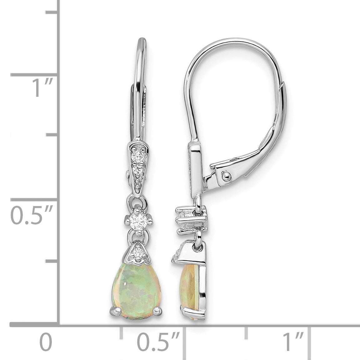 Sterling Silver RH-plated CZ & Created Opal Teardrop Leverback Earrings