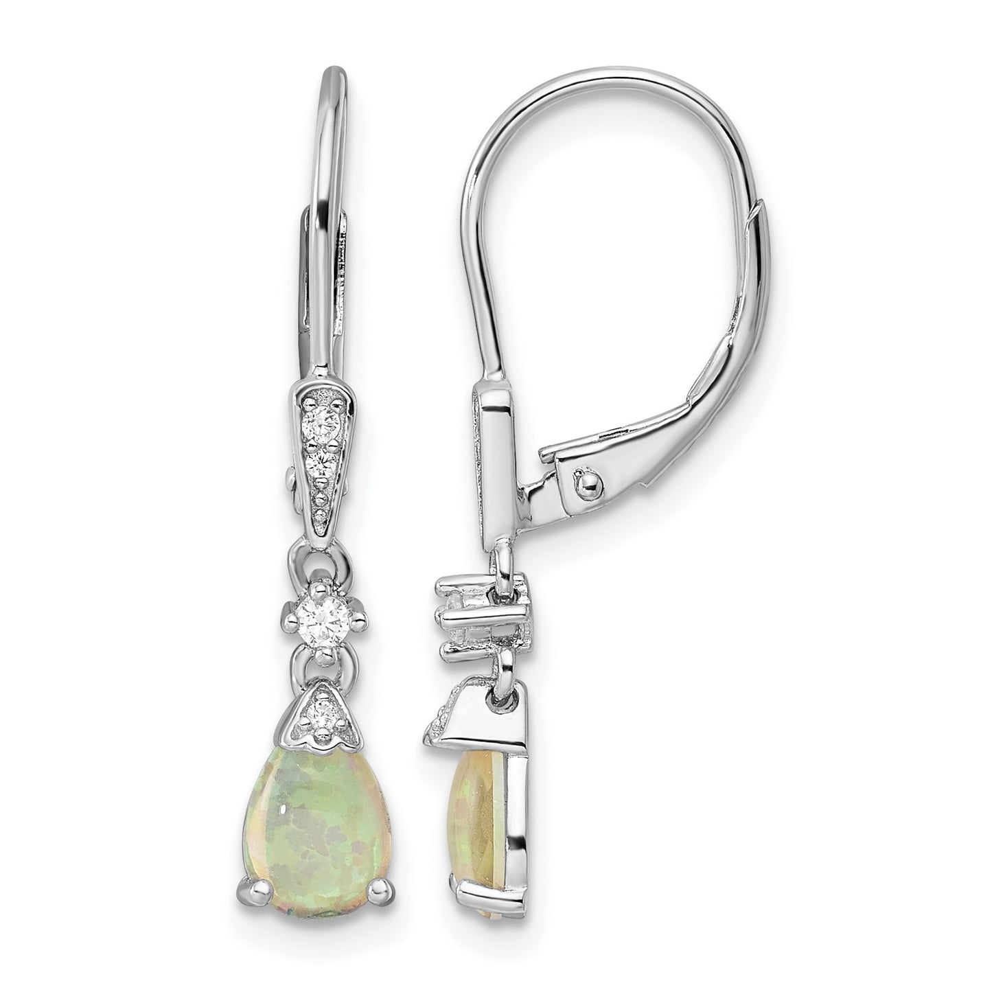 Sterling Silver RH-plated CZ & Created Opal Teardrop Leverback Earrings