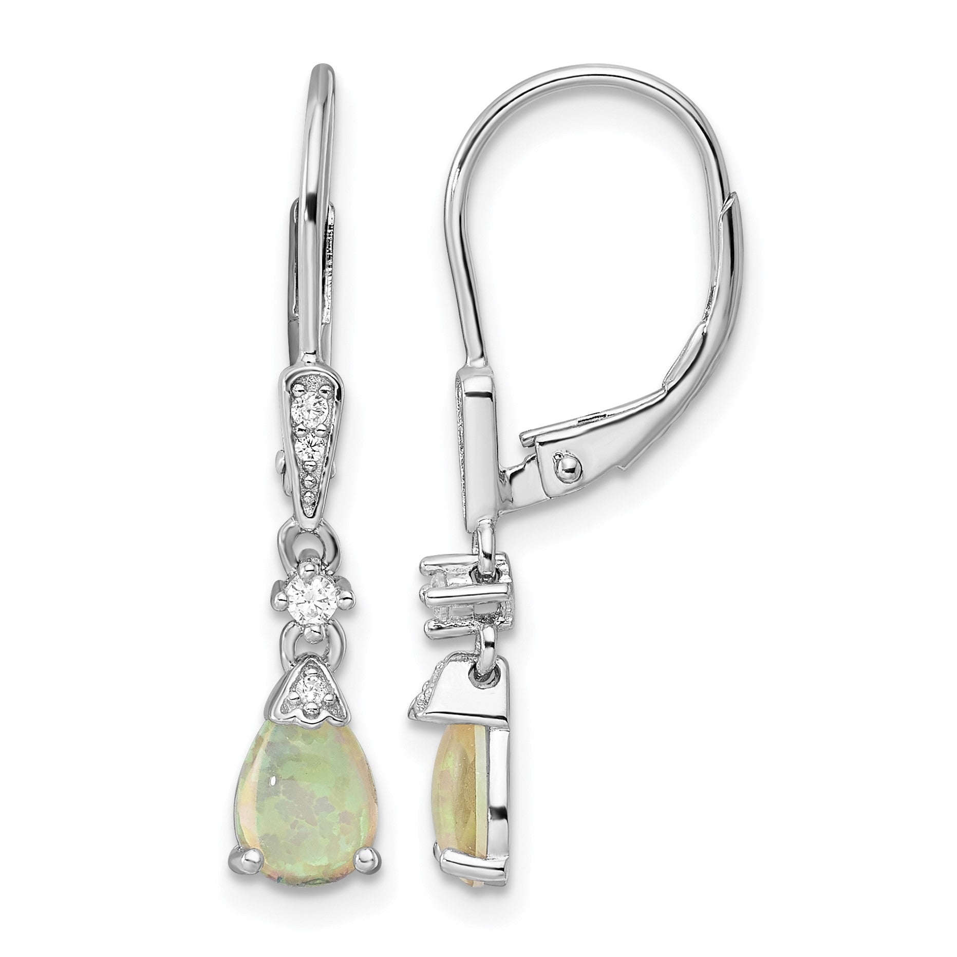 Sterling Silver RH-plated CZ & Created Opal Teardrop Leverback Earrings