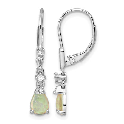 Sterling Silver RH-plated CZ & Created Opal Teardrop Leverback Earrings
