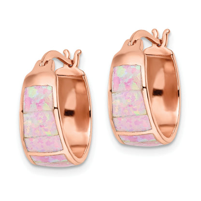Sterling Silver Rose-tone Polished Pink Created Opal Inlay Hoop Earrings