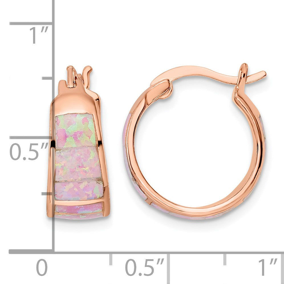 Sterling Silver Rose-tone Polished Pink Created Opal Inlay Hoop Earrings