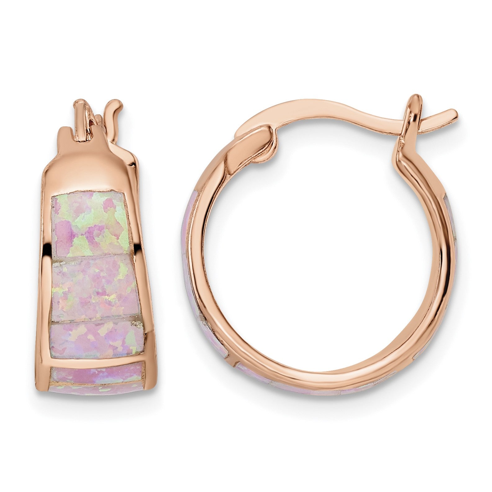 Sterling Silver Rose-tone Polished Pink Created Opal Inlay Hoop Earrings