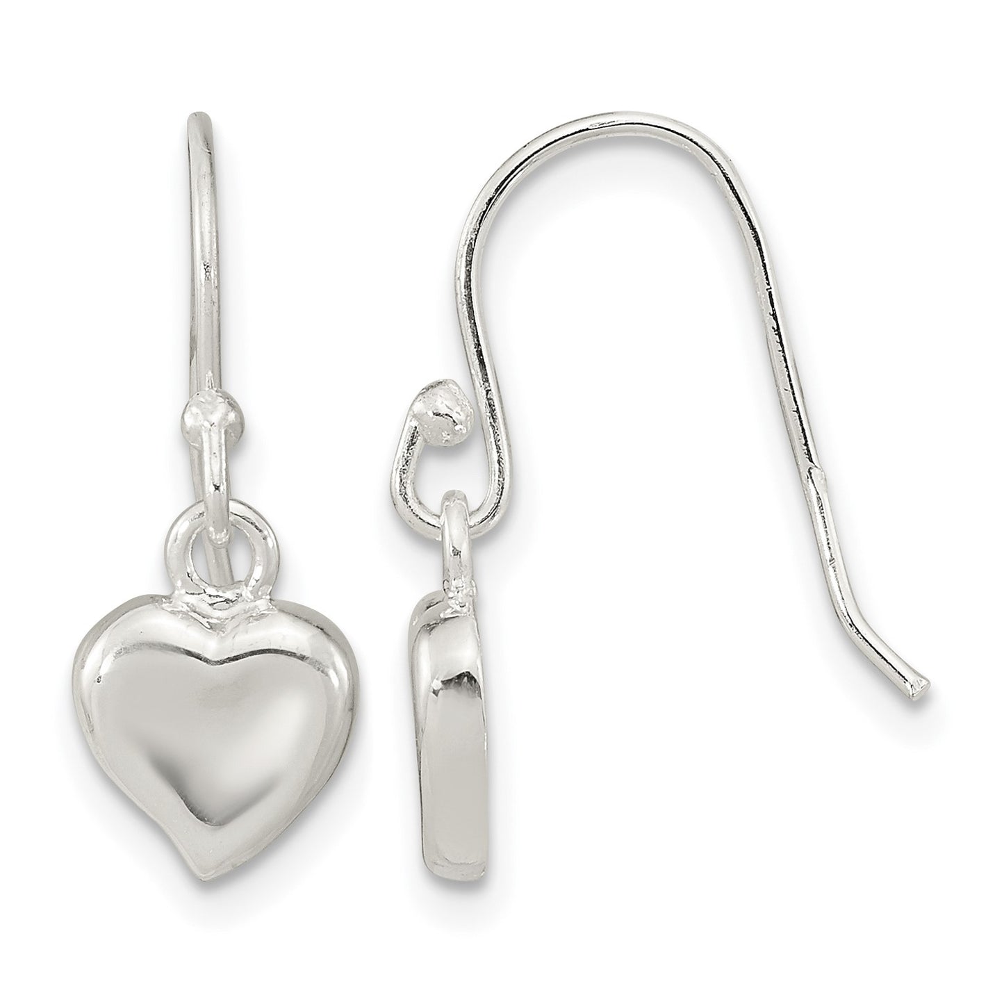 Sterling Silver Polished Heart Dangle Shephard Hook Earrings
