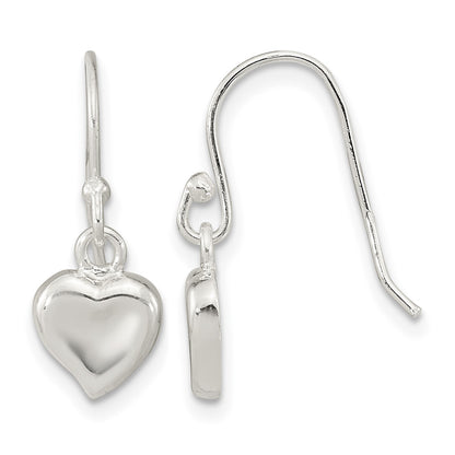 Sterling Silver Polished Heart Dangle Shephard Hook Earrings