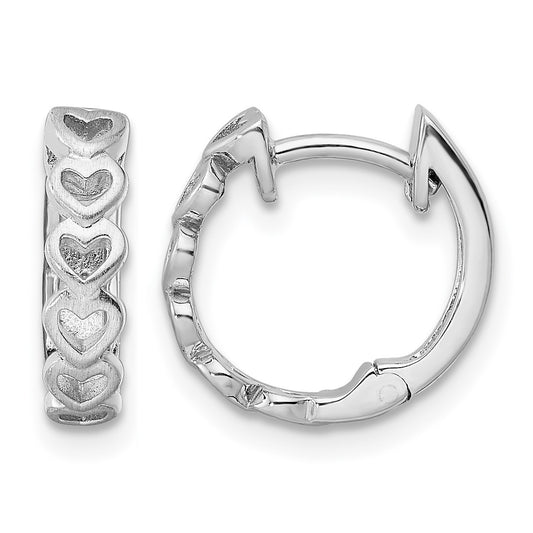 Sterling Silver RH-plated Brushed and Polished Finish Heart Hoop Earrings