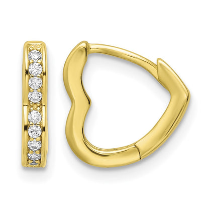 Sterling Silver Polished Gold-tone CZ Hinged Heart Shaped Hoop Earrings