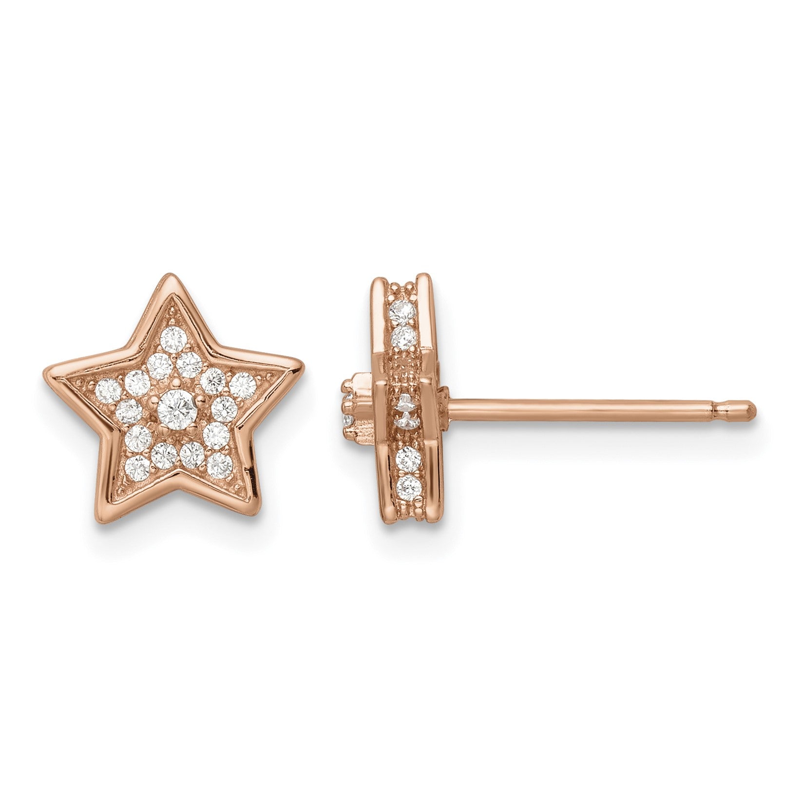 Sterling Silver Polished Rose-tone CZ Star Post Earrings