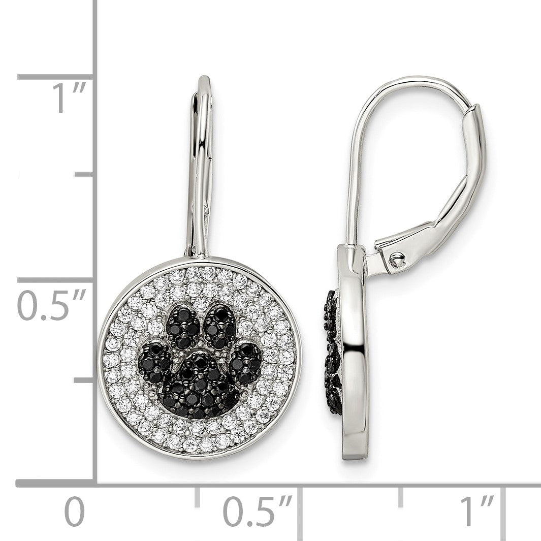 Sterling Silver Rhodium-plated Polished CZ Paw Print Leverback Earrings