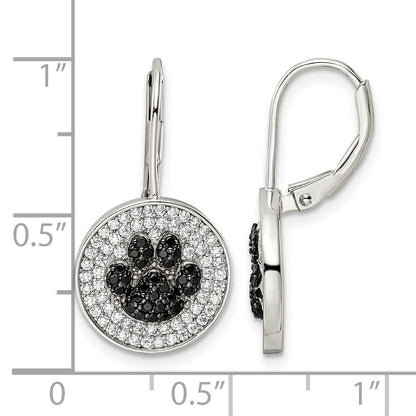 Sterling Silver Rhodium-plated Polished CZ Paw Print Leverback Earrings
