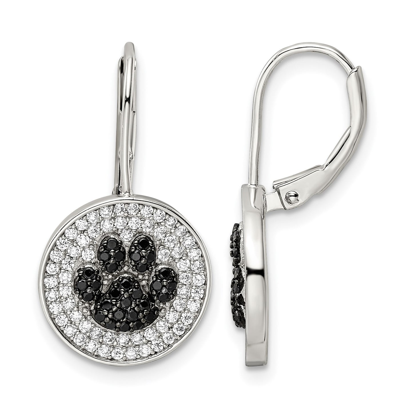 Sterling Silver Rhodium-plated Polished CZ Paw Print Leverback Earrings
