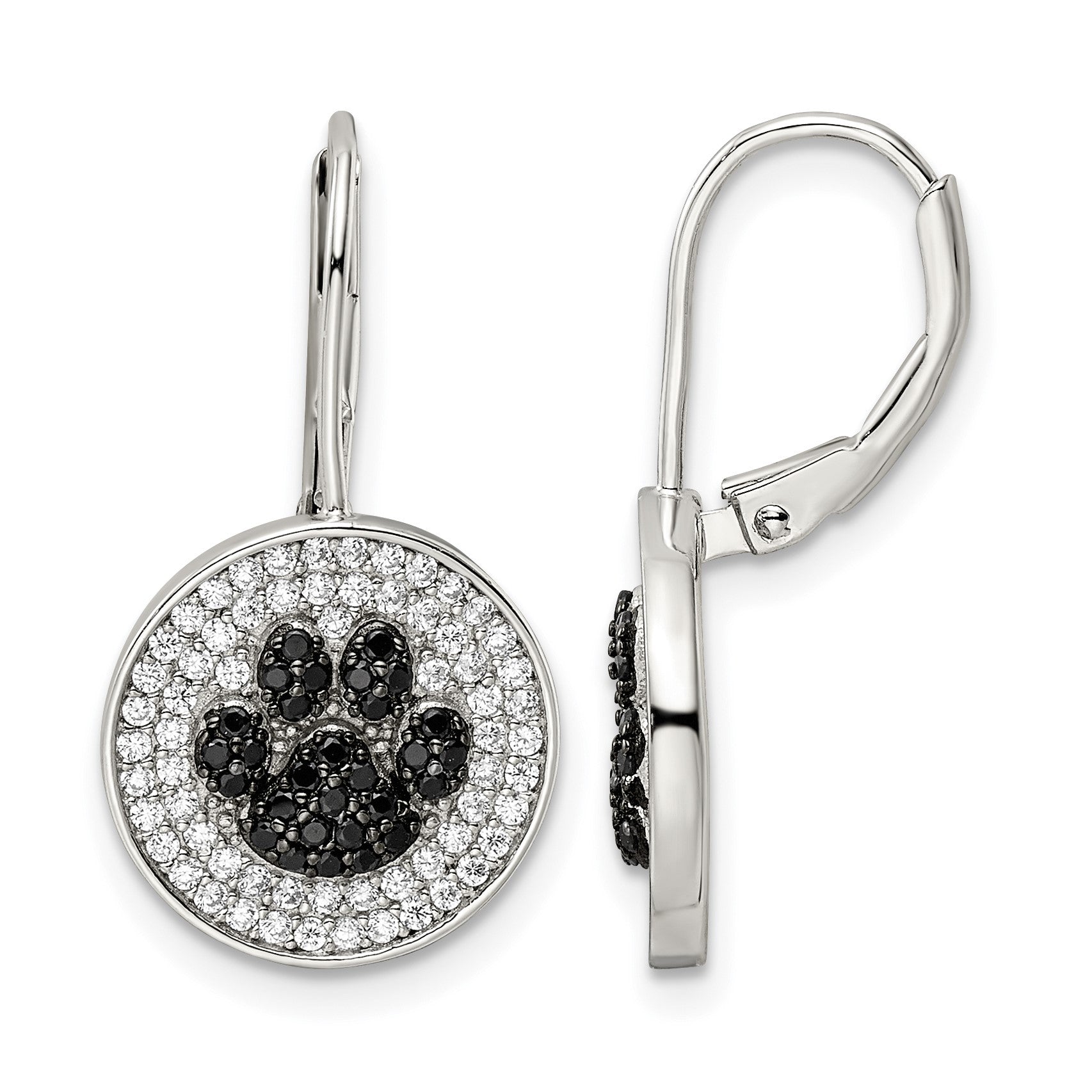 Sterling Silver Rhodium-plated Polished CZ Paw Print Leverback Earrings