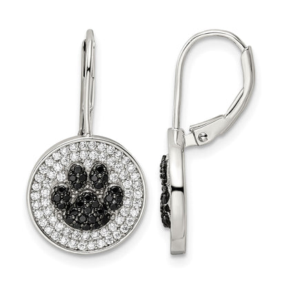 Sterling Silver Rhodium-plated Polished CZ Paw Print Leverback Earrings