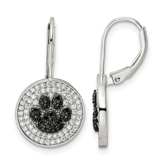 Sterling Silver Rhodium-plated Polished CZ Paw Print Leverback Earrings