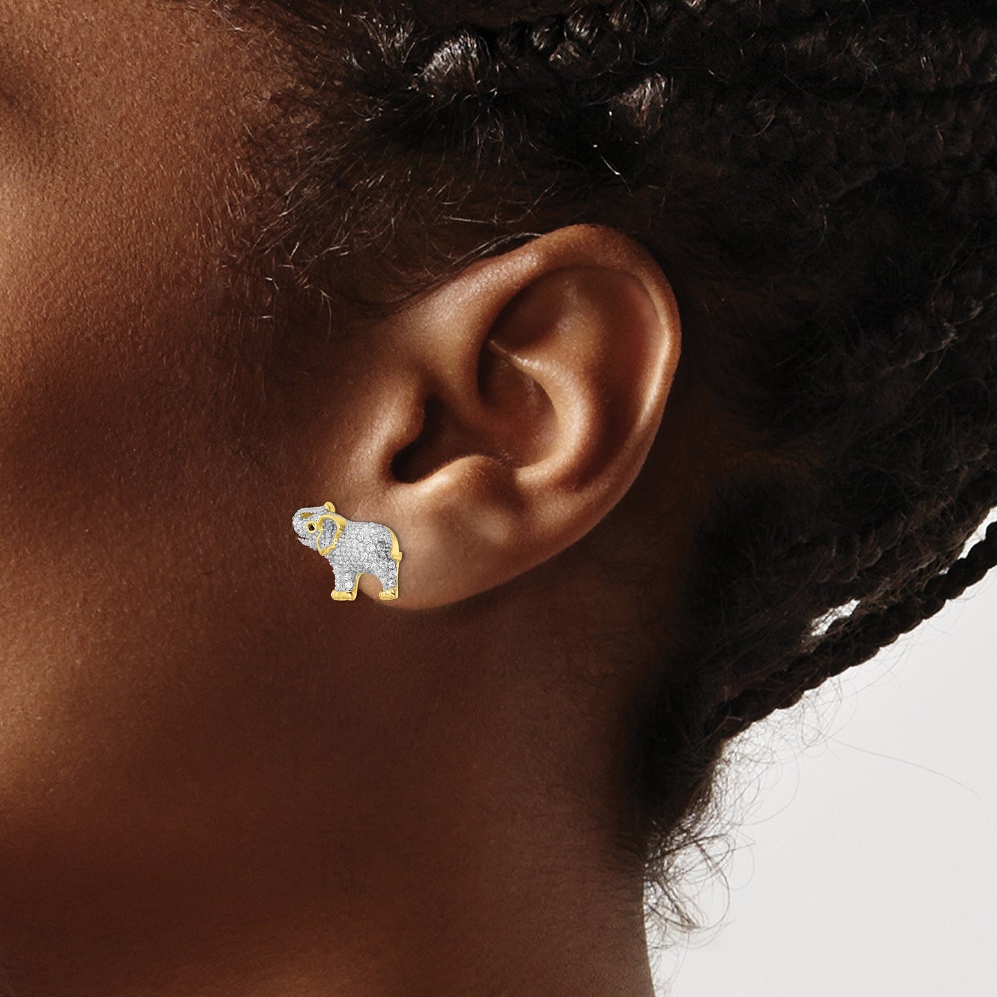 Sterling Silver Rhodium-plated Gold-tone CZ Elephant Post Earrings