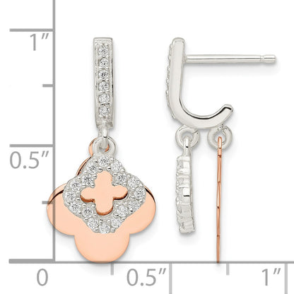 Sterling Silver Rose-tone Quatrefoil CZ Dangle Post Earrings