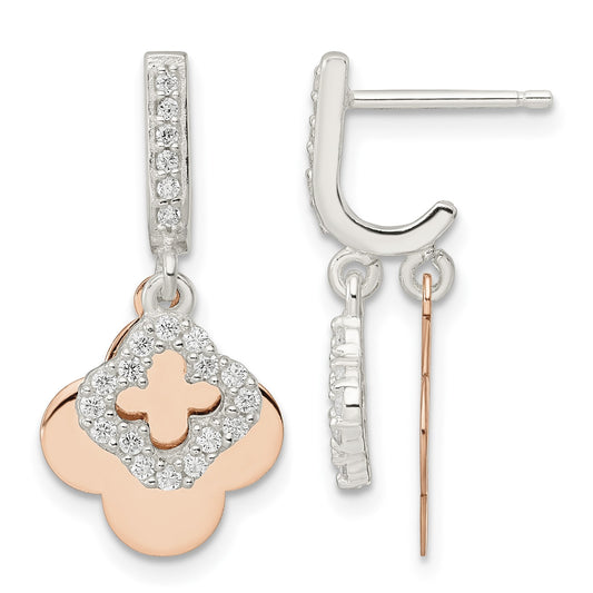Sterling Silver Rose-tone Quatrefoil CZ Dangle Post Earrings