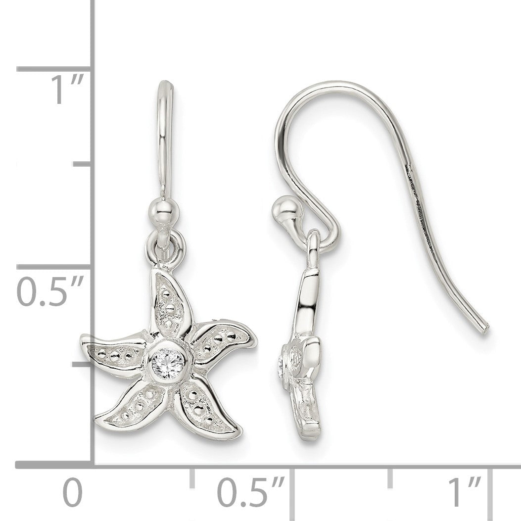 Sterling Silver Textured CZ Center Starfish Shepherd Hook Earrings