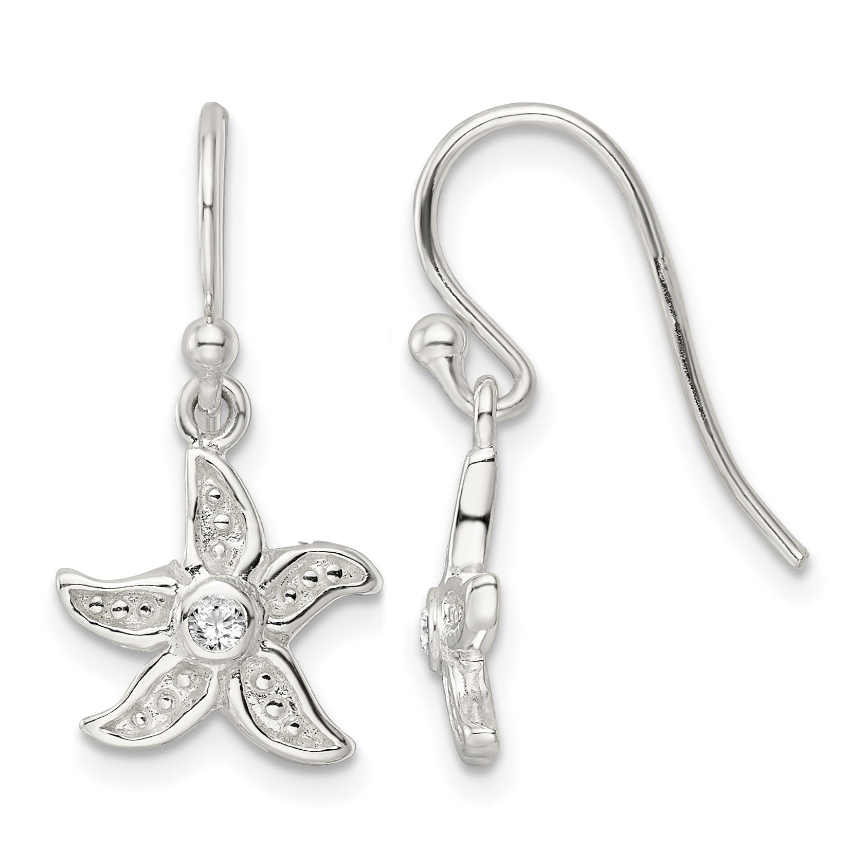 Sterling Silver Textured CZ Center Starfish Shepherd Hook Earrings