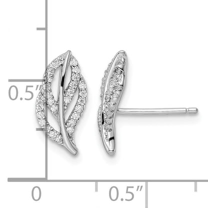 Sterling Silver Rhodium-plated Polished CZ Leaf Post Earrings
