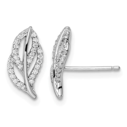 Sterling Silver Rhodium-plated Polished CZ Leaf Post Earrings